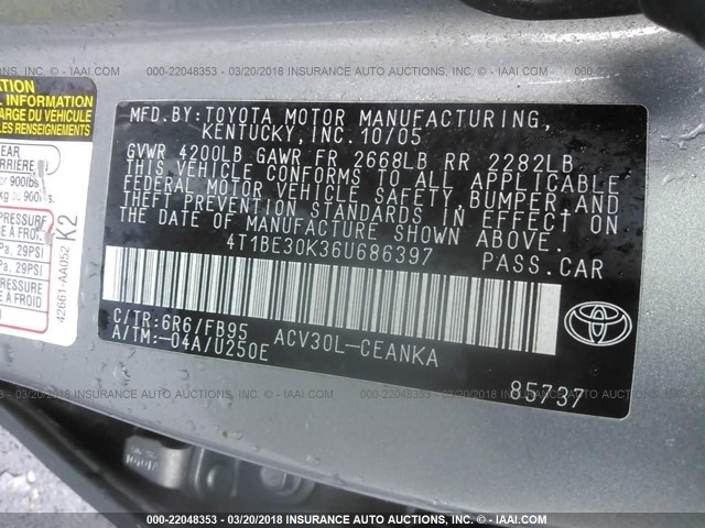 4T1BE30K36U686397 - 2006 TOYOTA CAMRY LE/XLE/SE ვერცხლისფერი ფოტო 9