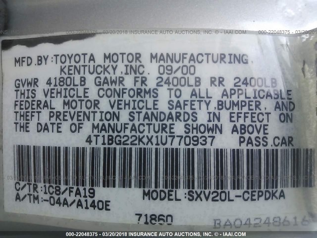4T1BG22KX1U770937 - 2001 TOYOTA CAMRY CE/LE/XLE 灰色 照片 9