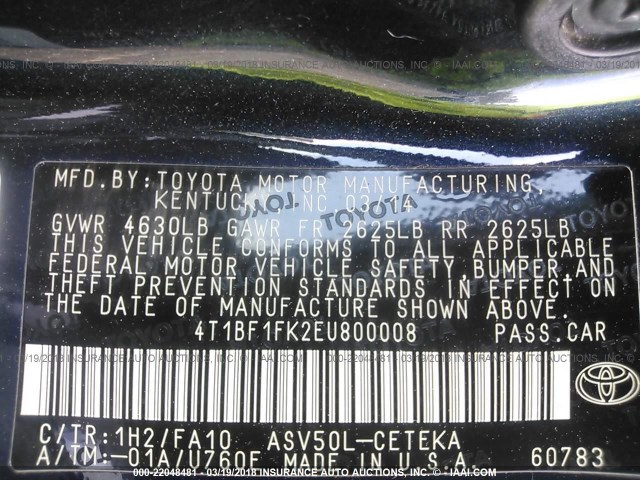 4T1BF1FK2EU800008 - 2014 TOYOTA CAMRY L/SE/LE/XLE BLACK photo 9