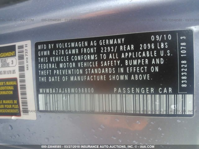 WVWBA7AJ6BW098800 - 2011 VOLKSWAGEN GOLF 蓝色 照片 9