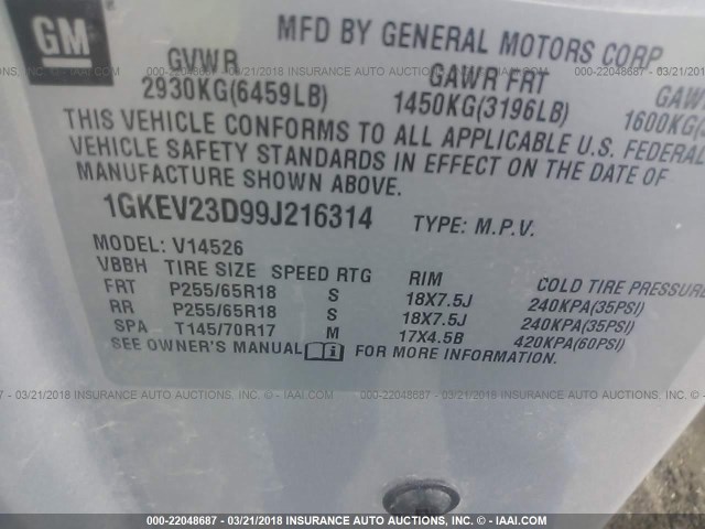 1GKEV23D99J216314 - 2009 GMC ACADIA SLT-1 SILVER photo 9