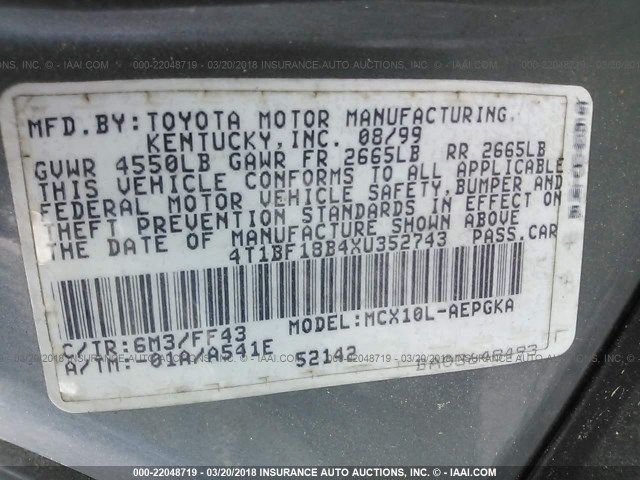 4T1BF18B4XU352743 - 1999 TOYOTA AVALON XL/XLS GREEN photo 9