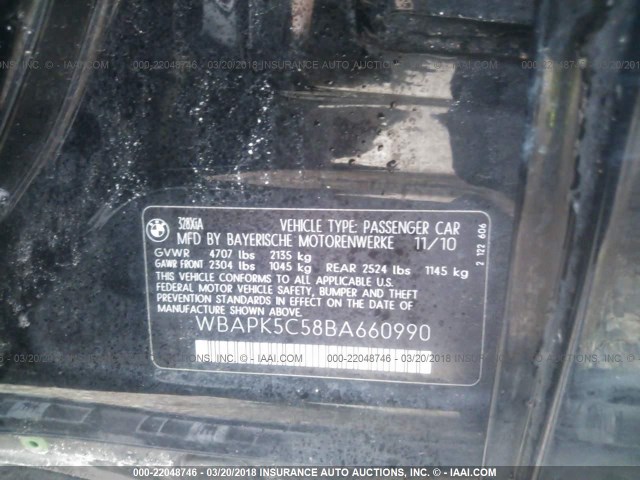 WBAPK5C58BA660990 - 2011 BMW 328 XI SULEV BLACK photo 9