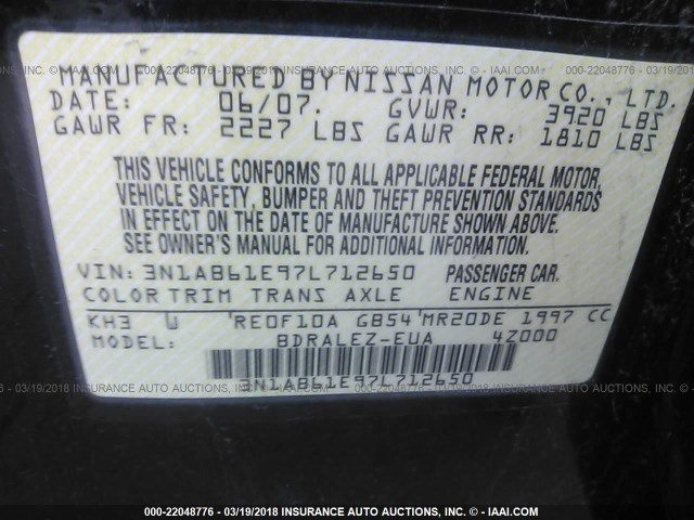 3N1AB61E97L712650 - 2007 NISSAN SENTRA 2.0/2.0S/2.0SL BLACK photo 9