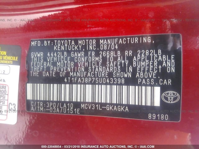 4T1FA38P75U043398 - 2005 TOYOTA CAMRY SOLARA SE/SLE წითელი ფოტო 9