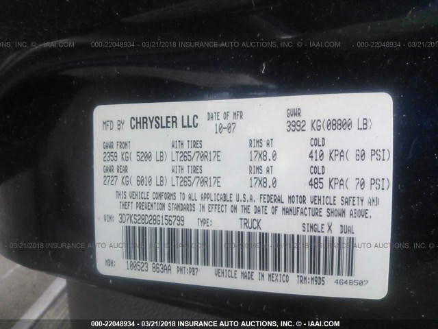 3D7KS28D28G156799 - 2008 DODGE RAM 2500 ST/SLT 蓝色 照片 9