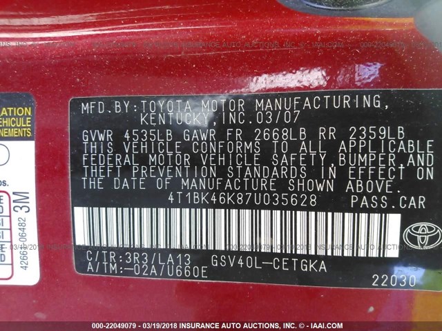 4T1BK46K87U035628 - 2007 TOYOTA CAMRY NEW GENERAT LE/XLE/SE RED photo 9