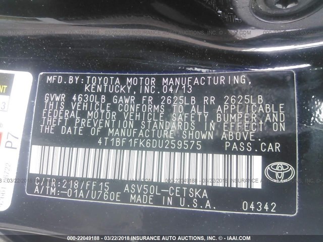 4T1BF1FK6DU259575 - 2013 TOYOTA CAMRY L/SE/LE/XLE BLACK photo 9