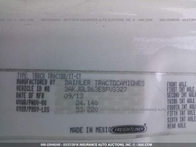 3AKJGLD63ESFV3327 - 2014 FREIGHTLINER CASCADIA 125  WHITE photo 10