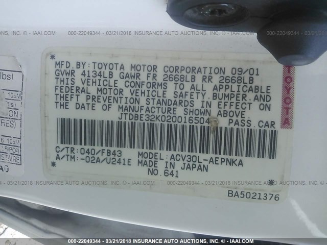 JTDBE32K020016504 - 2002 TOYOTA CAMRY LE/XLE/SE WHITE photo 9