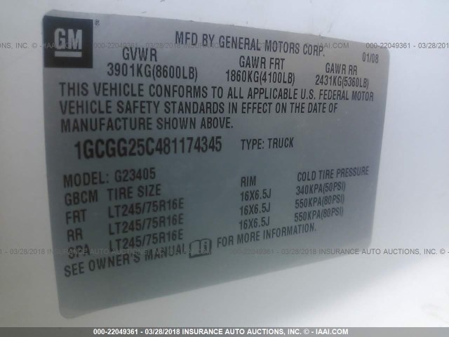 1GCGG25C481174345 - 2008 CHEVROLET EXPRESS G2500  WHITE photo 9