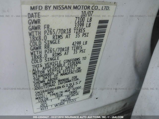 5N1BA08D48N619157 - 2008 NISSAN ARMADA SE/LE WHITE photo 9