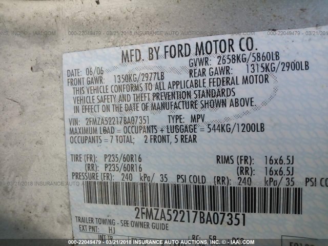 2FMZA52217BA07351 - 2007 FORD FREESTAR SEL GRAY photo 9