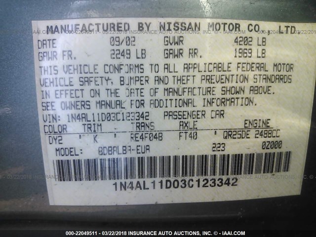 1N4AL11D03C123342 - 2003 NISSAN ALTIMA S/SL GREEN photo 9