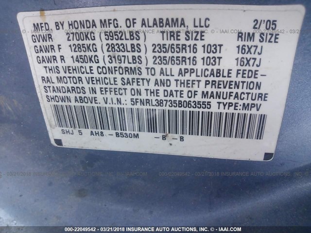 5FNRL38735B063555 - 2005 HONDA ODYSSEY EXL ლურჯი ფოტო 9
