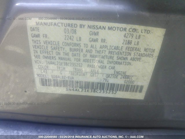 1N4AL21E38C235252 - 2008 NISSAN ALTIMA 2.5/2.5S GOLD photo 9