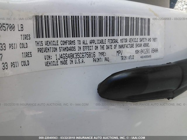 1J4GS48K35C675816 - 2005 JEEP GRAND CHEROKEE LAREDO/COLUMBIA/FREEDOM 白色 照片 9