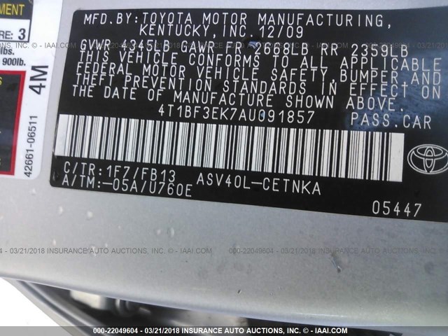4T1BF3EK7AU091857 - 2010 TOYOTA CAMRY SE/LE/XLE 银色 照片 9