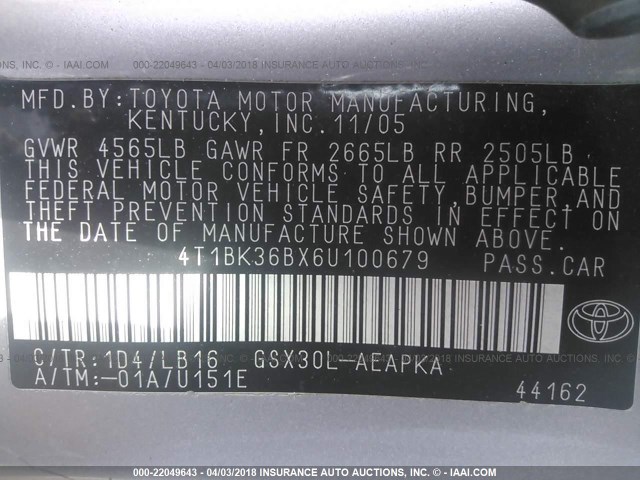 4T1BK36BX6U100679 - 2006 TOYOTA AVALON XL/XLS/TOURING/LIMITED SILVER photo 9