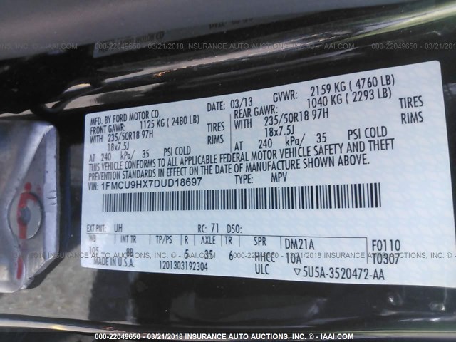 1FMCU9HX7DUD18697 - 2013 FORD ESCAPE SEL BLACK photo 9