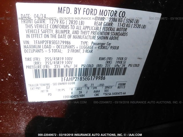 1FAHP2F85EG179986 - 2014 FORD TAURUS LIMITED RED photo 9