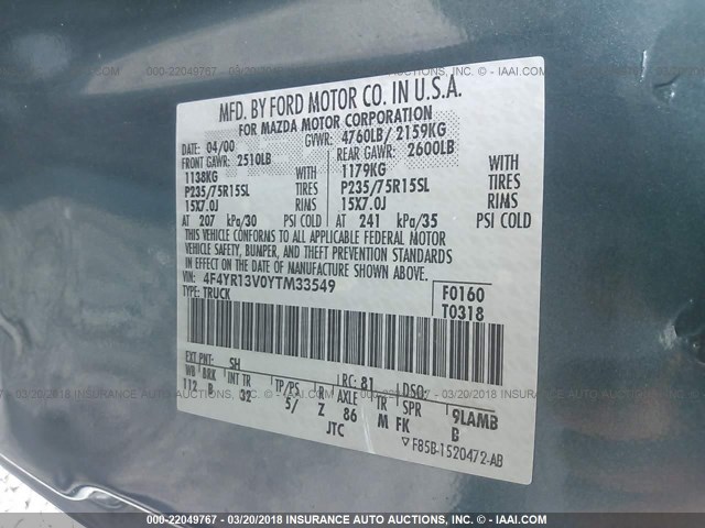 4F4YR13V0YTM33549 - 2000 MAZDA B3000 GREEN photo 9