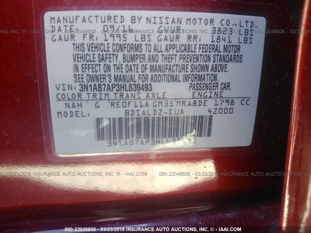 3N1AB7AP3HL639493 - 2017 NISSAN SENTRA S/SV/SR/SL RED photo 9