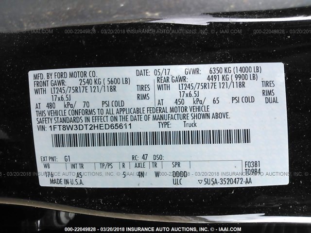 1FT8W3DT2HED65611 - 2017 FORD F350 SUPER DUTY BLACK photo 10