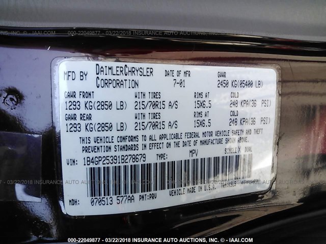 1B4GP25391B278679 - 2001 DODGE CARAVAN SE MAROON photo 9