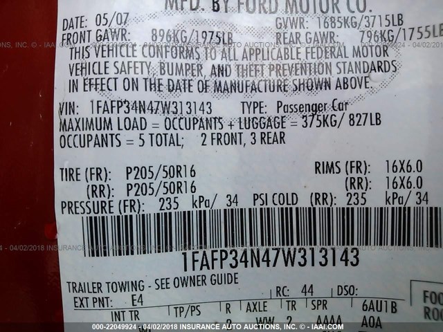 1FAFP34N47W313143 - 2007 FORD FOCUS ZX4/S/SE/SES 红色 照片 9