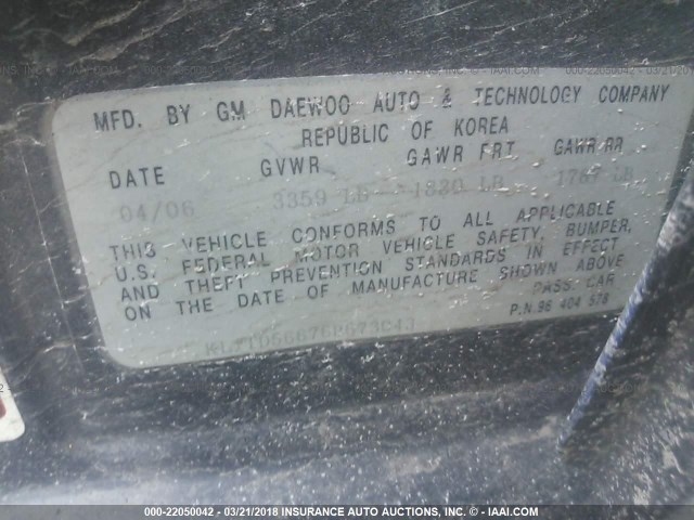 KL1TD56676B673043 - 2006 CHEVROLET AVEO LS BLACK photo 9