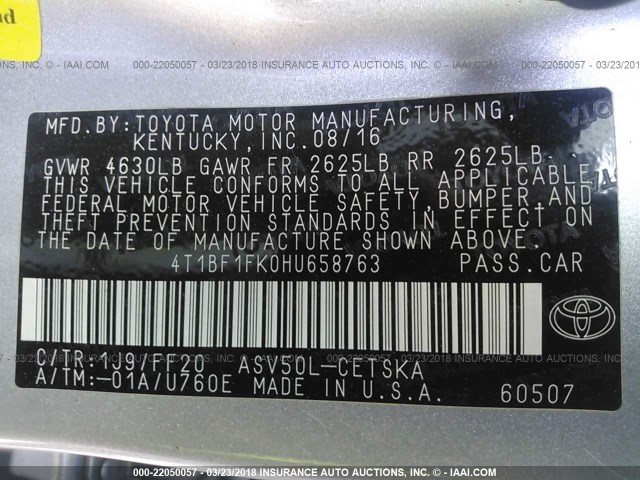 4T1BF1FK0HU658763 - 2017 TOYOTA CAMRY LE/XLE/SE/XSE SILVER photo 9