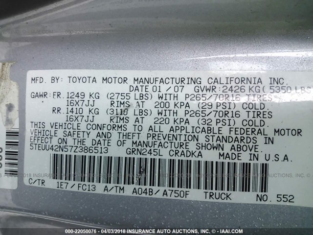 5TEUU42N57Z386513 - 2007 TOYOTA TACOMA ACCESS CAB Күміс фото 9