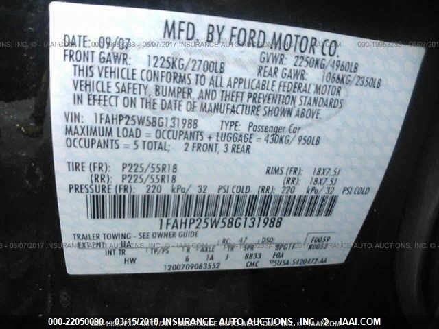 1FAHP25W58G131988 - 2008 FORD TAURUS LIMITED BLACK photo 9