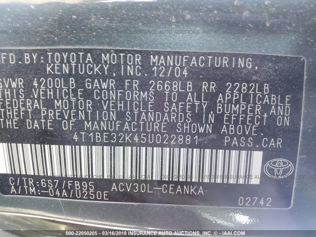 4T1BE32K45U022881 - 2005 TOYOTA CAMRY LE/XLE/SE GREEN photo 9