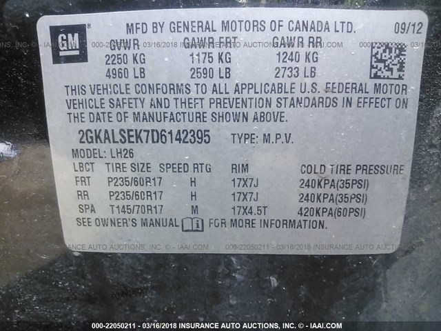 2GKALSEK7D6142395 - 2013 GMC TERRAIN SLE BLACK photo 9