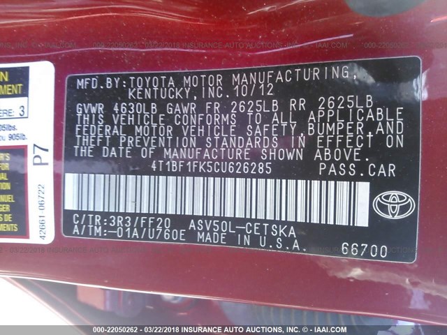 4T1BF1FK5CU626285 - 2012 TOYOTA CAMRY SE/LE/XLE 红色 照片 9