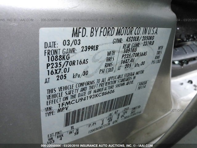 1FMCU94193KC86606 - 2003 FORD ESCAPE LIMITED SILVER photo 9