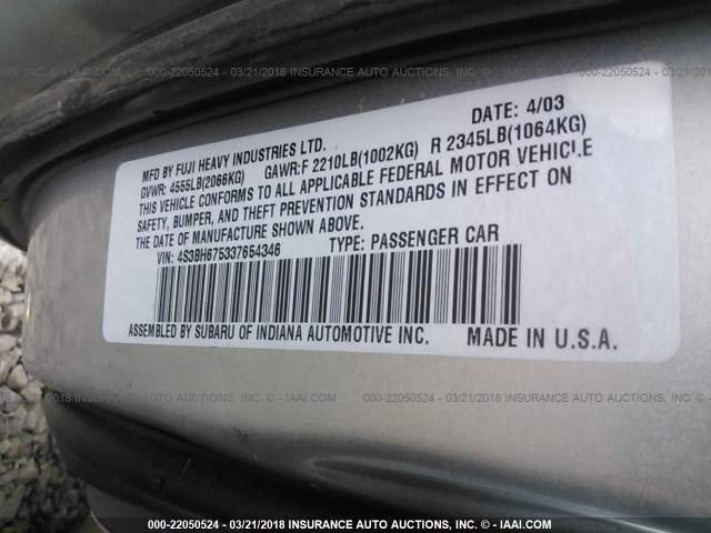 4S3BH675337654346 - 2003 SUBARU LEGACY OUTBACK AWP 灰色 照片 9