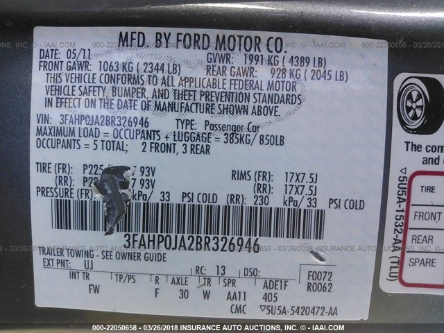 3FAHP0JA2BR326946 - 2011 FORD FUSION SEL GRAY photo 9