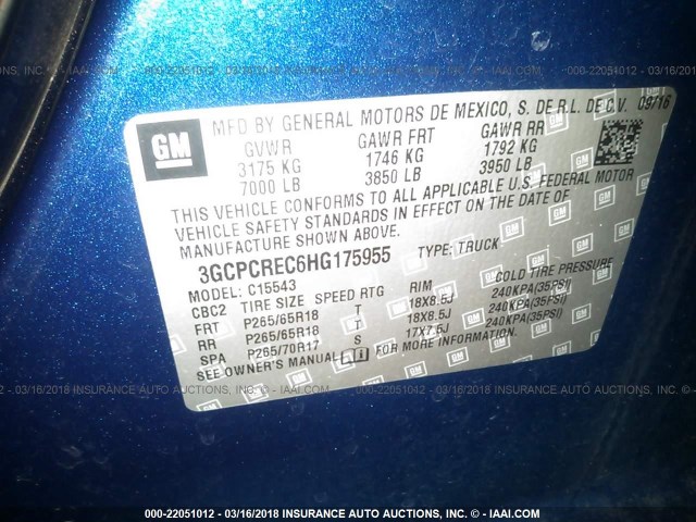 3GCPCREC6HG175955 - 2017 CHEVROLET SILVERADO C1500 LT BLUE photo 9