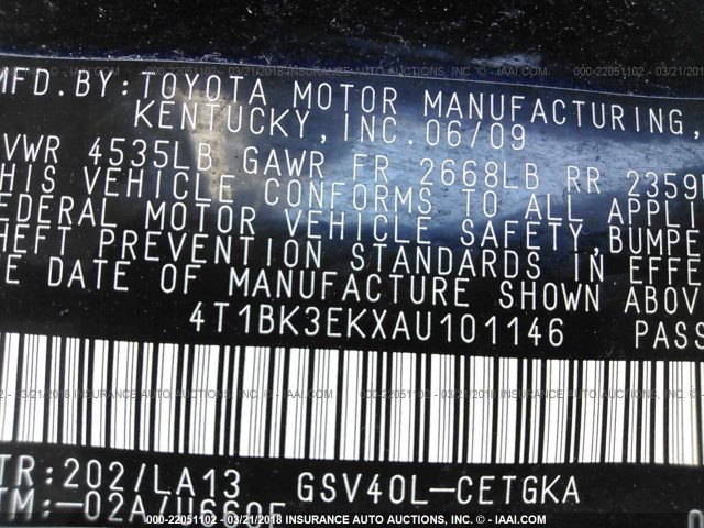 4T1BK3EKXAU101146 - 2010 TOYOTA CAMRY SE/LE/XLE BLACK photo 9