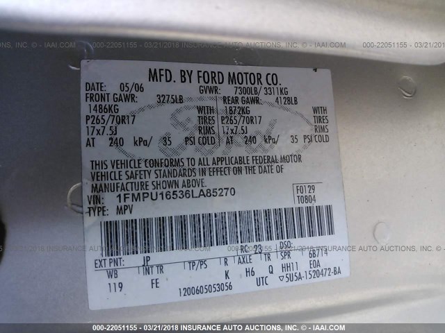 1FMPU16536LA85270 - 2006 FORD EXPEDITION XLT SILVER photo 9