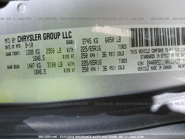 2A4RR5D11AR460427 - 2010 CHRYSLER TOWN & COUNTRY TOURING SILVER photo 9