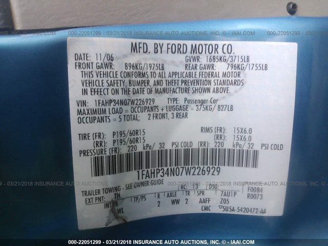 1FAHP34N07W226929 - 2007 FORD FOCUS ZX4/S/SE/SES 蓝色 照片 9