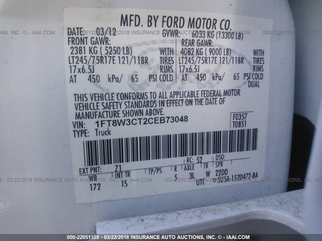 1FT8W3CT2CEB73048 - 2012 FORD F350 SUPER DUTY WHITE photo 10