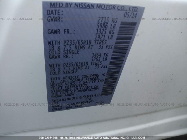 5N1AR2MN0EC698042 - 2014 NISSAN PATHFINDER S/SV/SL/PLATINUM 白色 照片 9