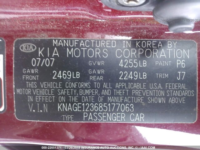 KNAGE123685177063 - 2008 KIA OPTIMA LX/EX RED photo 9