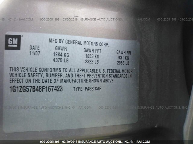 1G1ZG57B48F167423 - 2008 CHEVROLET MALIBU LS 棕色 照片 9