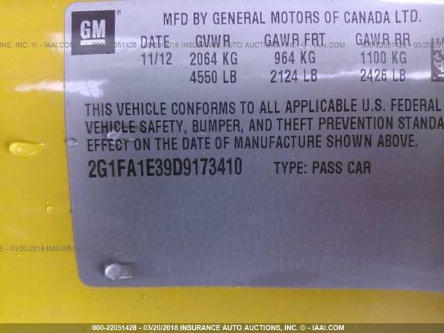 2G1FA1E39D9173410 - 2013 CHEVROLET CAMARO LS YELLOW photo 9
